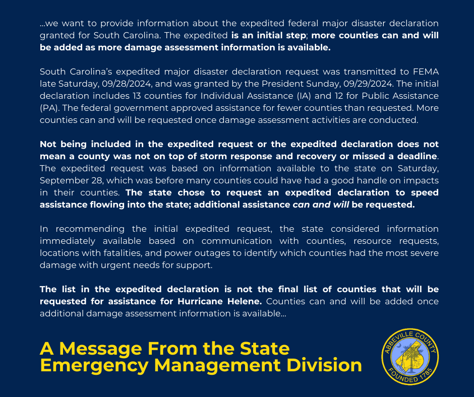 Hurricane Helene Recovery Resources Cent Abbeville County, South Carolina